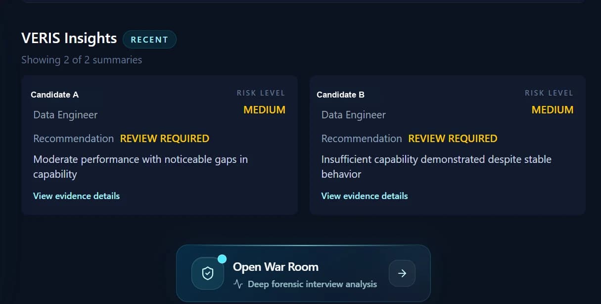 HireVeri candidate intelligence interface showing VERIS insights and recommendation details