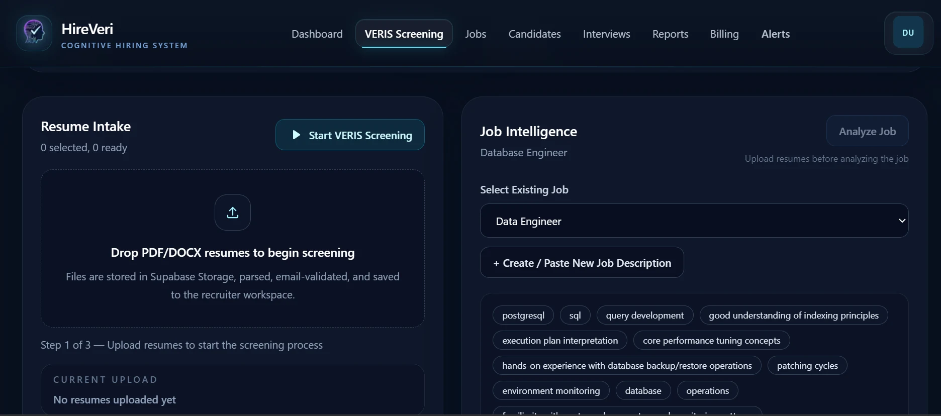 HireVeri VERIS Screening interface showing AI-powered candidate screening and evaluation